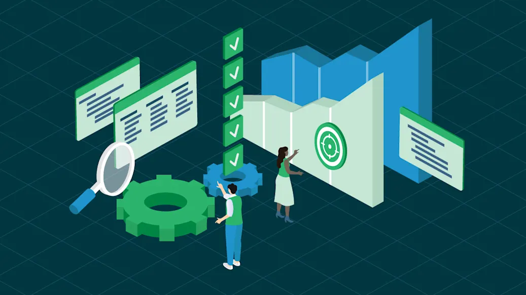 Two miniature developers work on a stylized group of metric targets, code screens, and a check list.