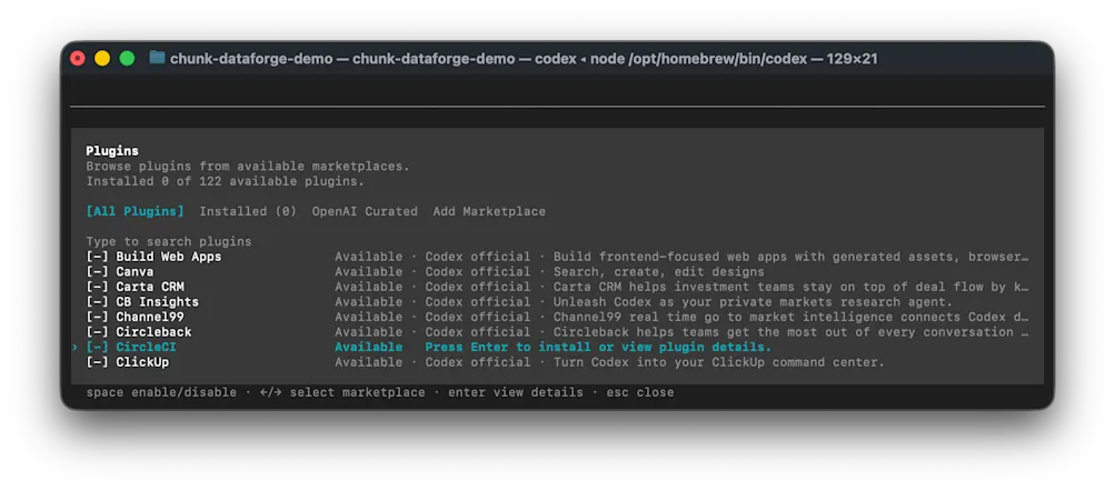 Selecting the CircleCI plugin from Codex plugins list