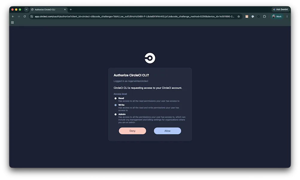 The Authorize CircleCI CLI page in a browser, with Read, Write, and Admin access levels and Allow and Deny buttons