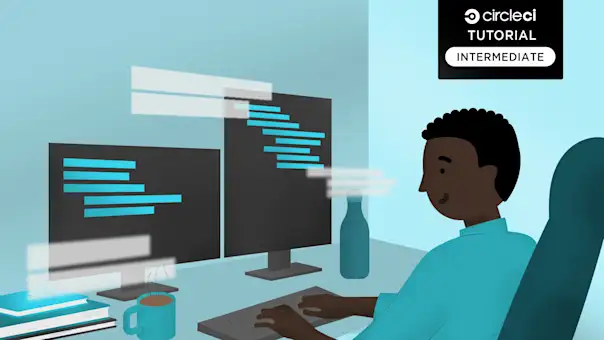 Developer D sits at a desk working on an intermediate-level project.