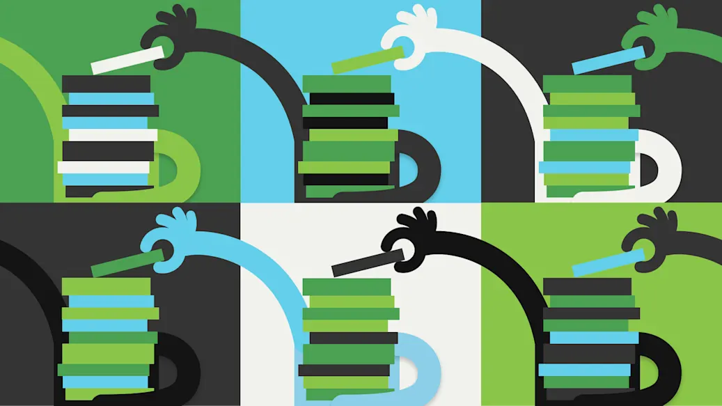 A series of panels shows stylized hands sharing stacks of books between panels.