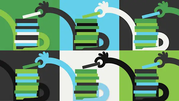 A series of panels shows stylized hands sharing stacks of books between panels.