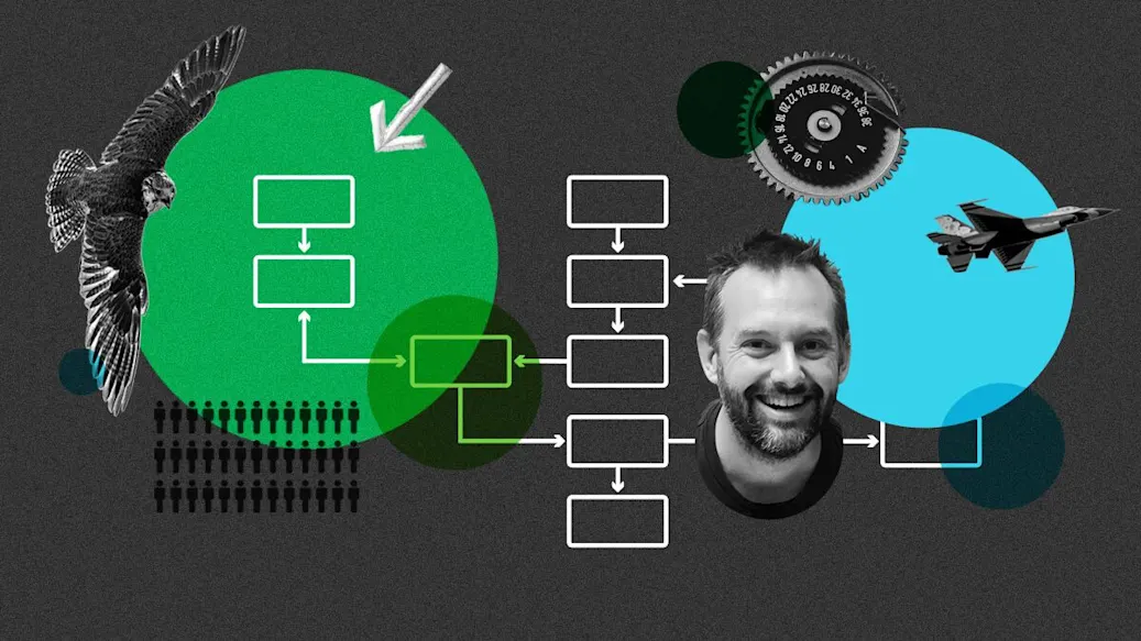 A photograph of Jez Humble amidst a collection of graphic elements.