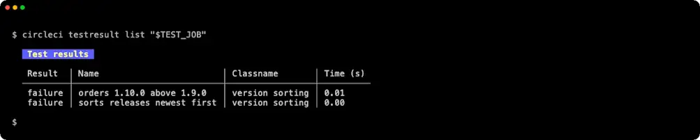 circleci testresult list showing two failing tests