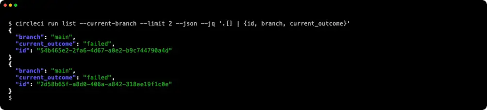 circleci run list with --json and --jq printing JSON records