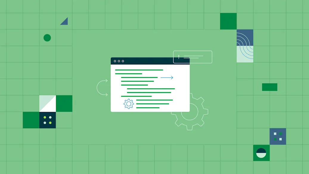 A stylized web application, placed at the center of a grid, is randomly surrounded by arrows, user interface elements, and geometric shapes.