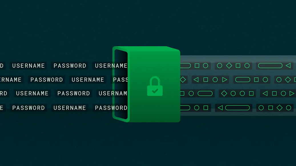 A stylized stream of usernames and passwords streams into a server and is transformed into code.