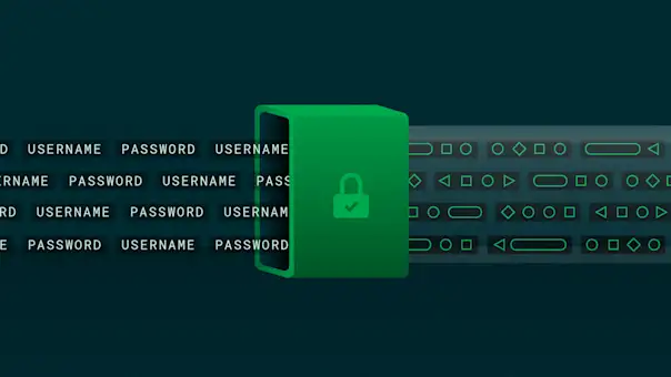 A stylized stream of usernames and passwords streams into a server and is transformed into code.