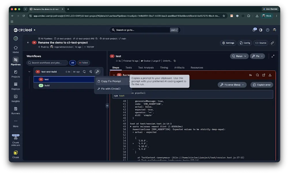 A failed pipeline in the CircleCI web app with the wrench menu open on the failed test-and-build workflow, showing Copy Fix Prompt and its tooltip