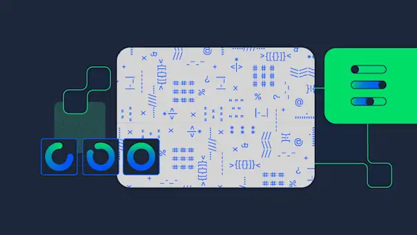 A stylized web application, placed at the center of a grid, is aligned with UI and code elements.
