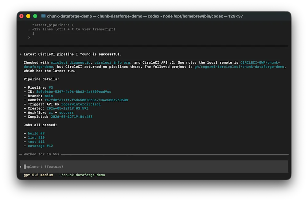 Using the Codex CircleCI skill to get latest pipeline information