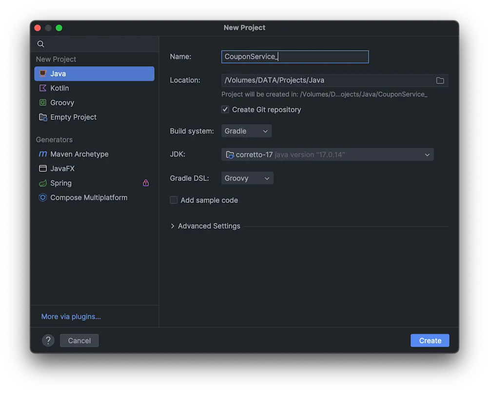Intellij idea new project