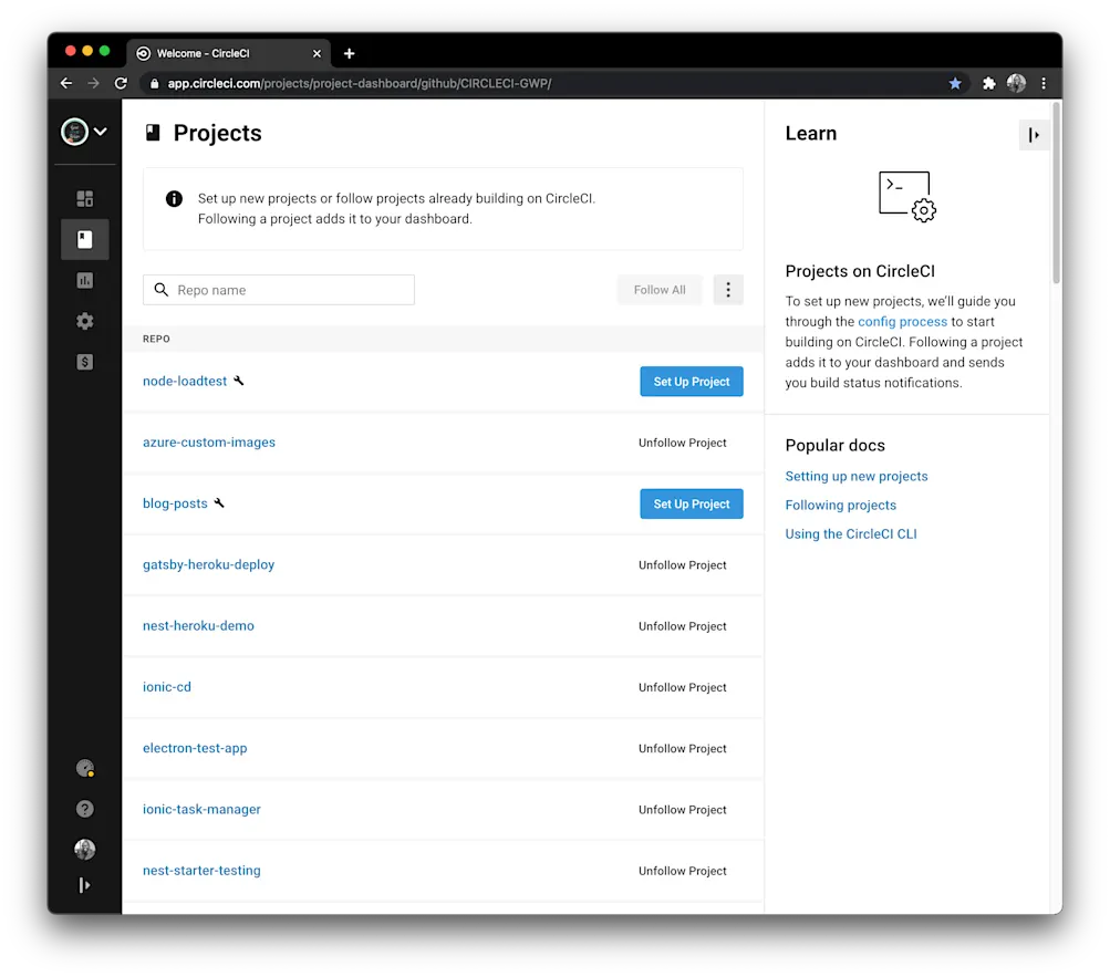 プロジェクトの追加 - CircleCI