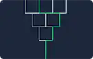 Outlined boxes branching down a tree and converging into a single green line