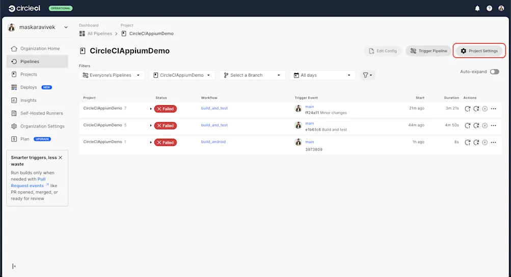 CircleCI project settings
