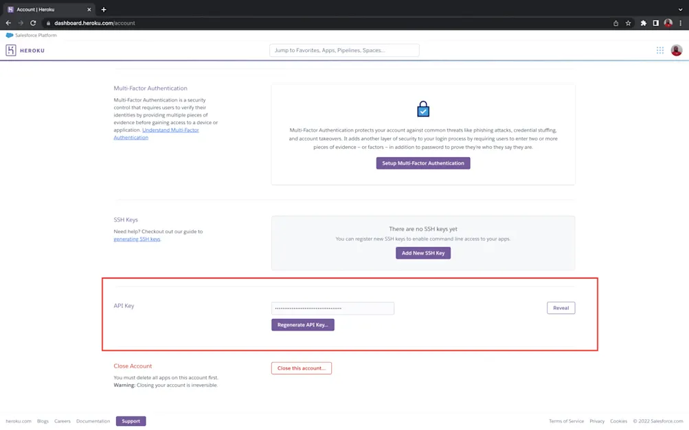Reveal API Key section of Account Settings