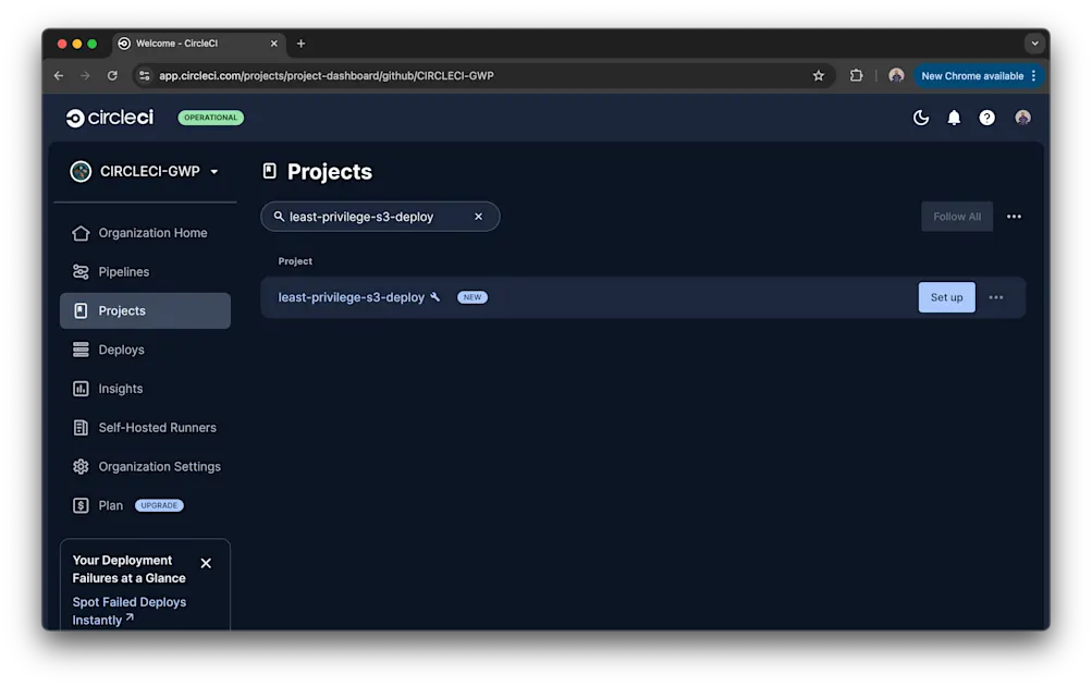 Search for your project in CircleCI Projects