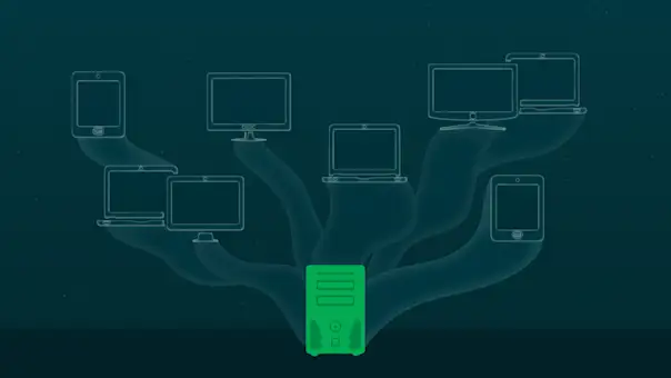  A stylized computer tower projects images of virtual machines.