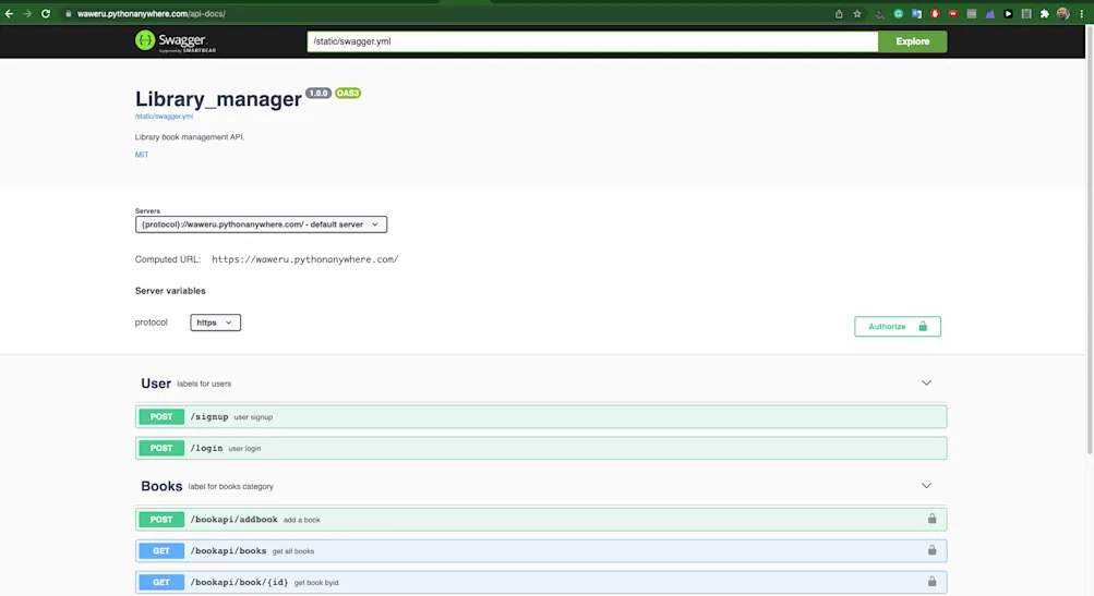  Swagger ページ PythonAnywhere 