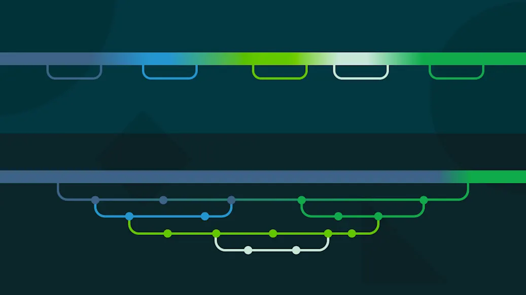 Two stylized pipelines - one shows many small additions to a single pipeline, while the other shows multiple layers building upon a single large addition to the main branch.