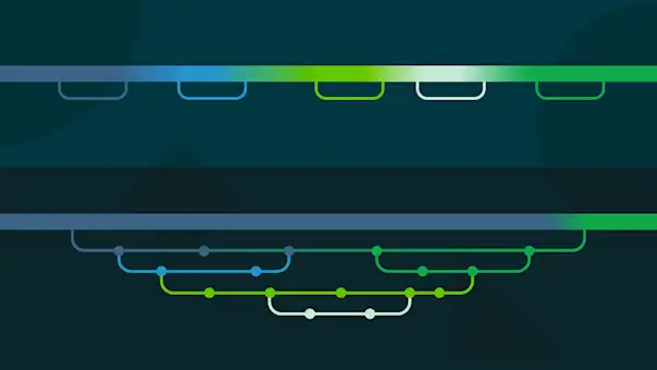 Two stylized pipelines - one shows many small additions to a single pipeline, while the other shows multiple layers building upon a single large addition to the main branch.