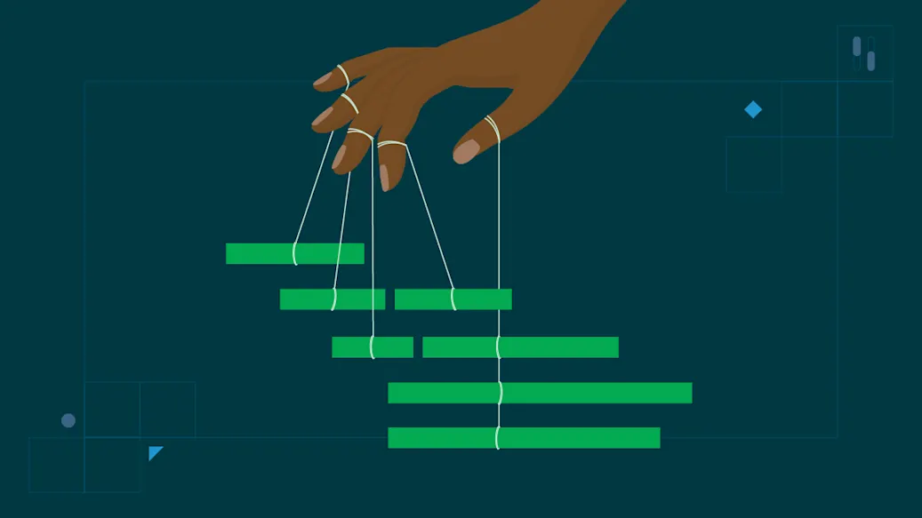 A hand dangles threads tied to lines of application code as if controlling the vertical and horizontal position.