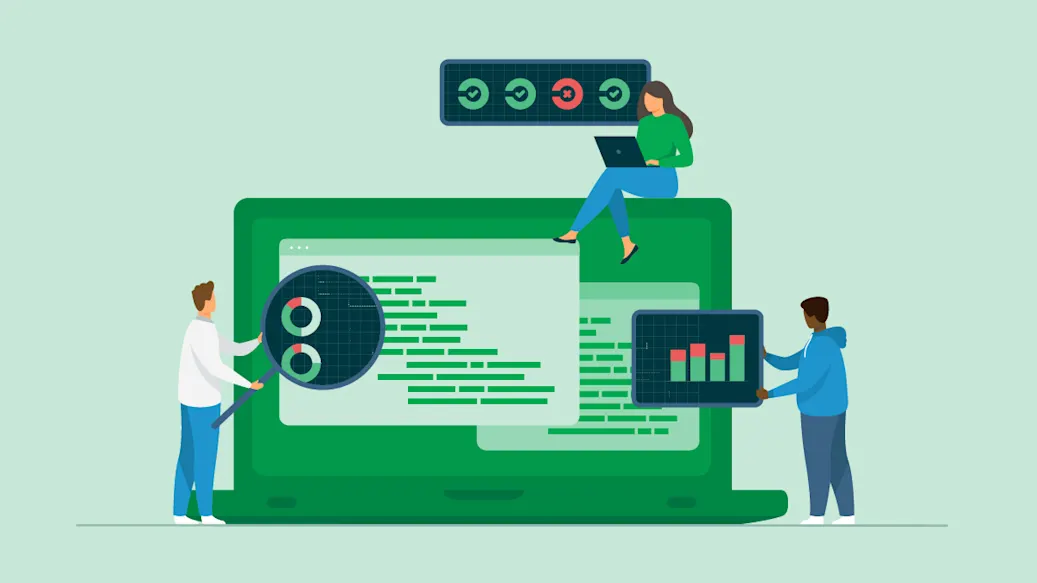 A team of miniature developers works around and on a stylized laptop, monitoring failed builds, observing changes in performance, and exposing hidden issues.