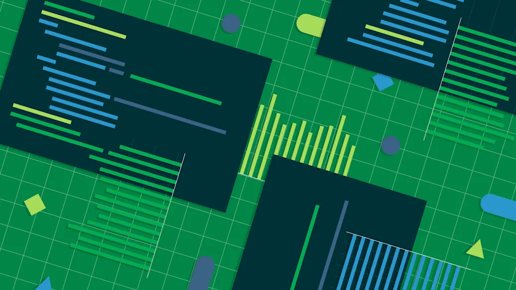 Monitors with stylized lines of code on a grid scattered with geometric shapes.