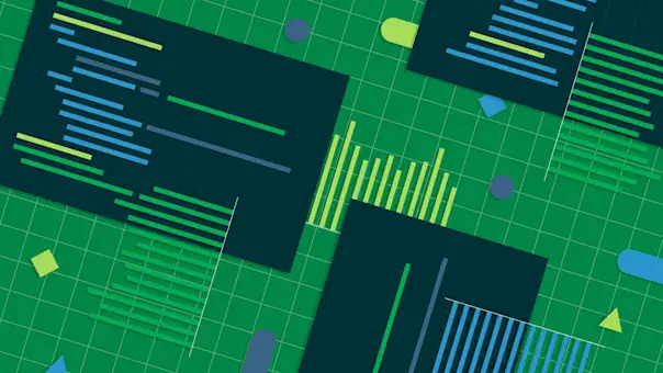 Monitors with stylized lines of code on a grid scattered with geometric shapes.