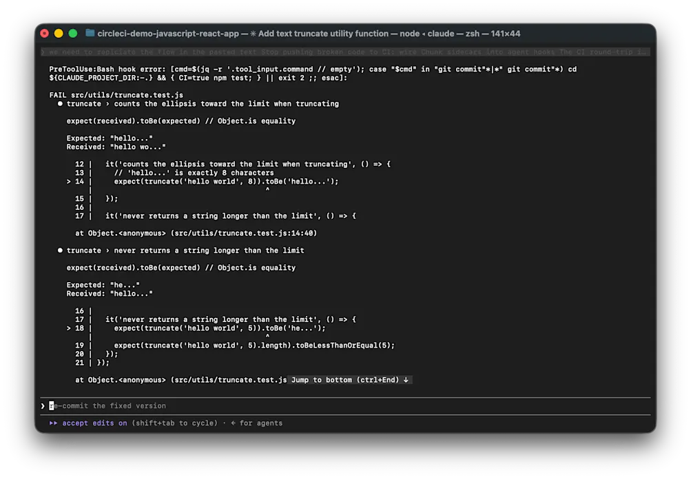 Full output from PreToolUse hook wired by CircleCI Chunk agent into Claude Code