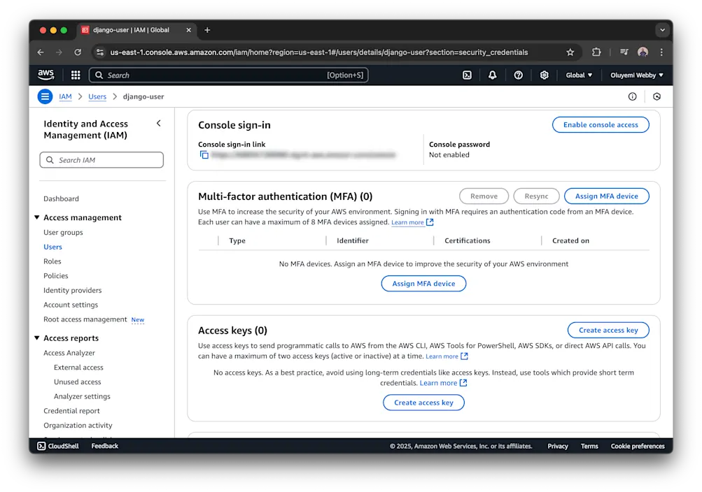 User security credentials tab