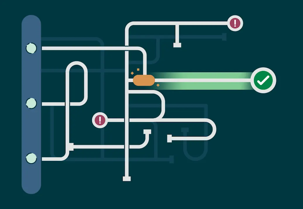 複雑な一連のパイプラインとワークフローは、失敗ポイントからのテスト実行の成功を示している。