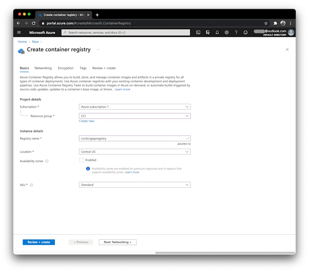 Create registry Page - Azure