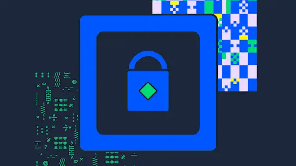 A large lock icon protects stylized coding elements.