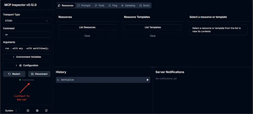 MCP Server running in dev mode