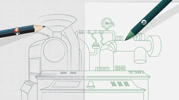 A Jenkins pencil draws the left half of a pipeline contraption, while a green CircleCI pencil completes the drawing on the right.