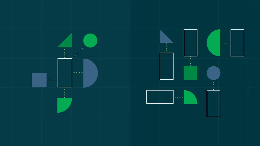 Two sets of objects: a central object with connections to the rest; and multiple sets of linked objects.