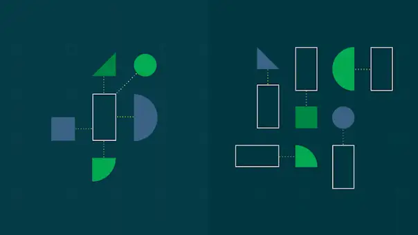 Two sets of objects: a central object with connections to the rest; and multiple sets of linked objects.