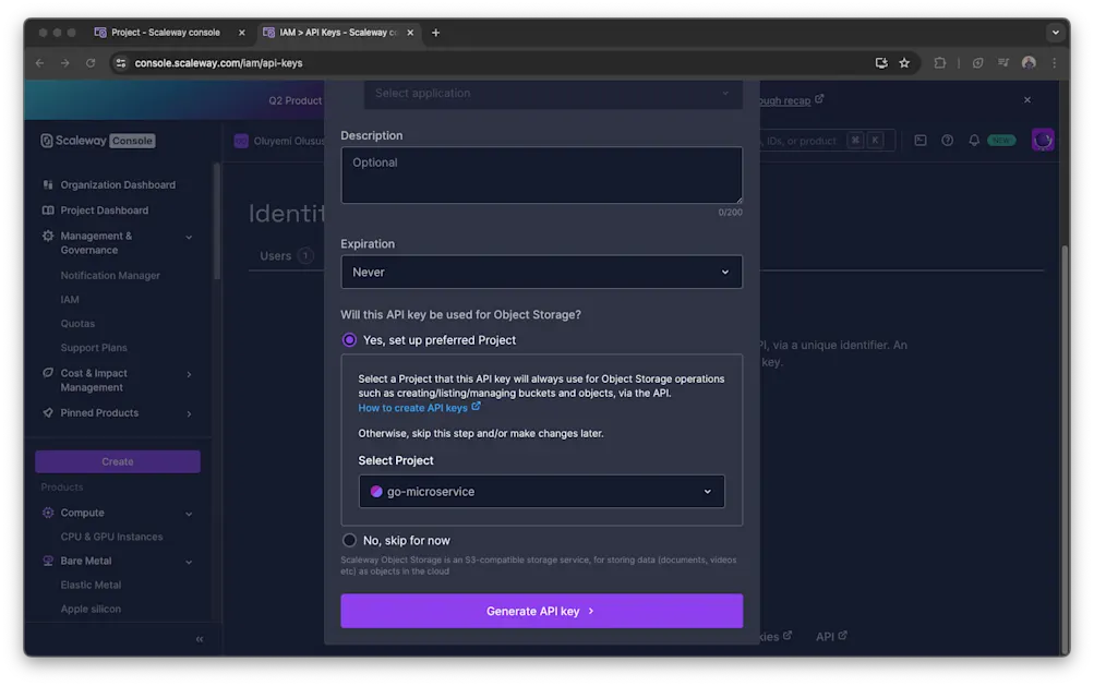 Scaleway API key creation