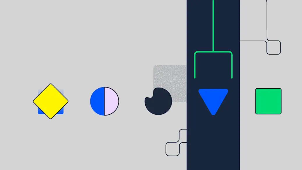 A stylized grabber selects one item from a row of unique shapes.