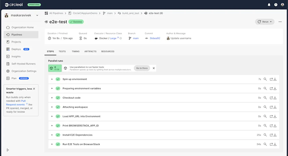 E2E testing job success