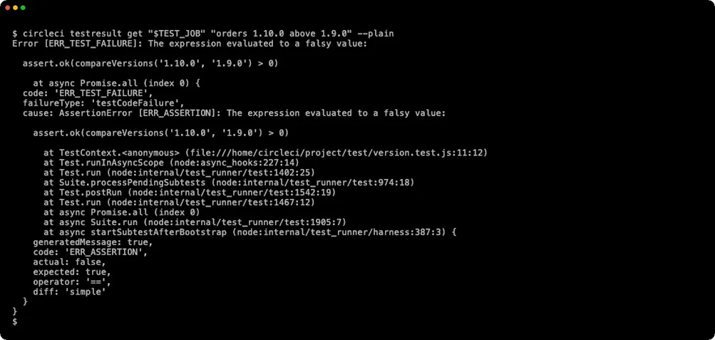 circleci testresult get --plain printing one test's failure message