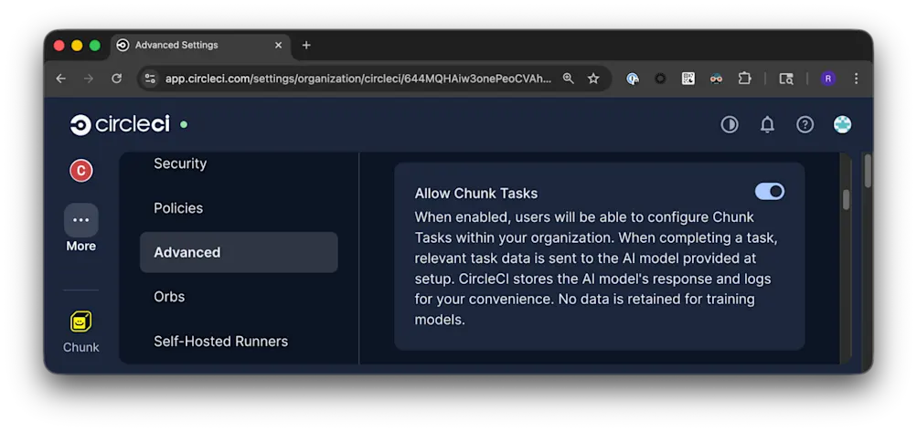 CircleCI Advanced organization settings page showing the Allow Chunk Tasks toggle enabled
