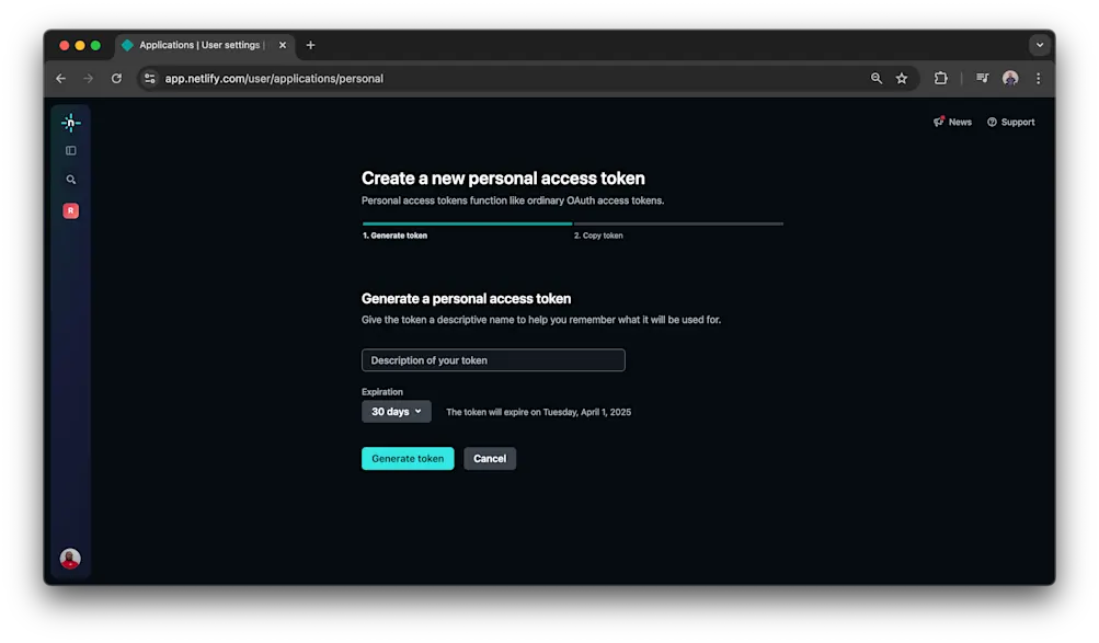Create personal access token page