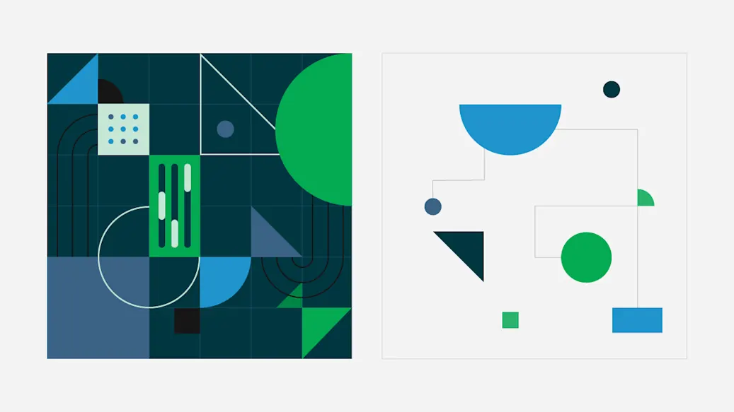 A group of shapes and UI elements is contained within a dark background next to a series of connected shapes on a white ground.