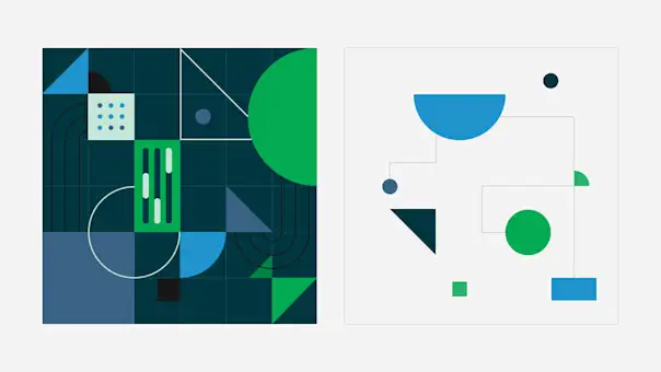 A group of shapes and UI elements is contained within a dark background next to a series of connected shapes on a white ground.