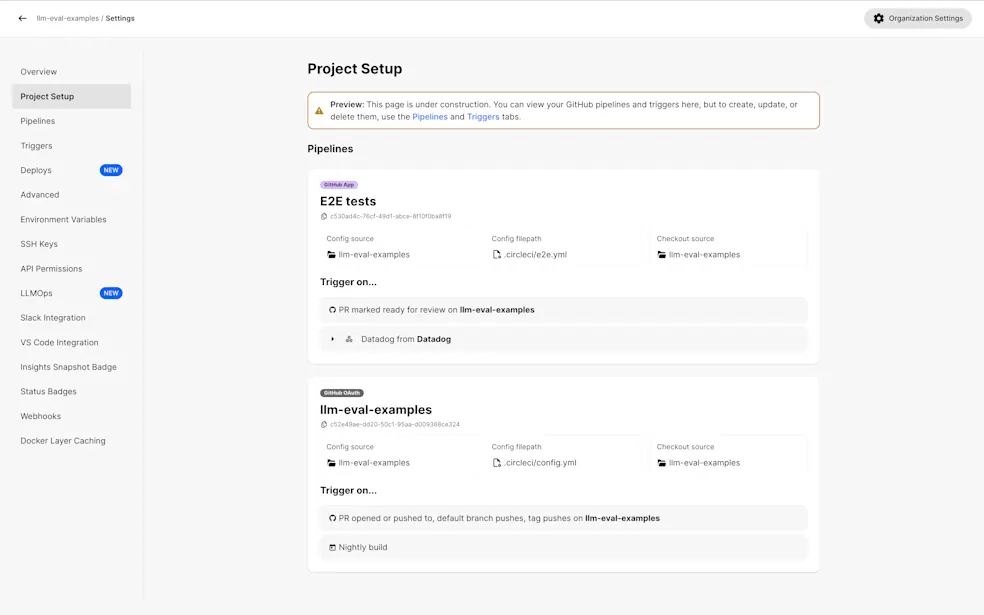 Project Setup page