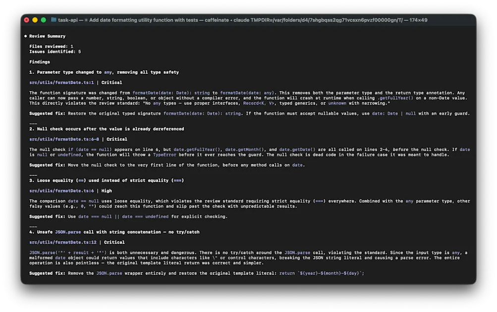 Terminal output of the chunk-review skill showing a review summary with five issues identified, including critical TypeScript type safety violations and unsafe JSON.parse usage