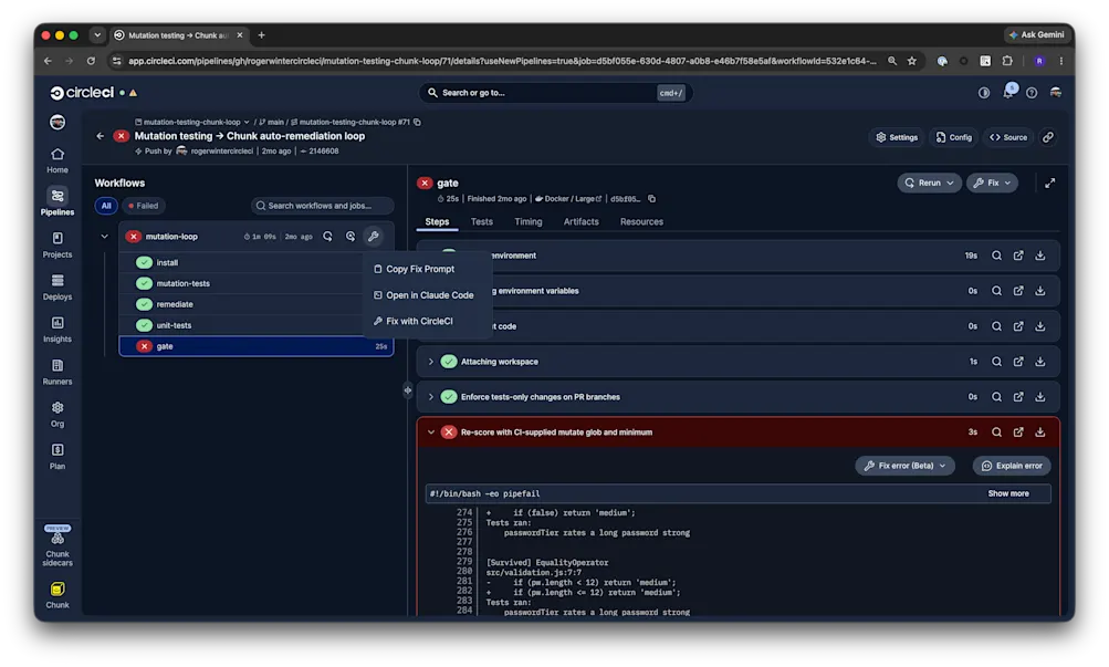 失敗したCircleCIパイプラインでのCopy Fix PromptとOpen in Claude Codeオプション