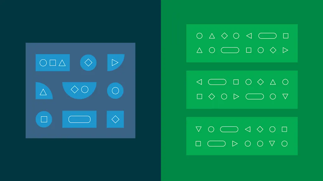 A single group of shapes appears next to a stack of three groups of shapes, showing the difference between two types of service-based software development.